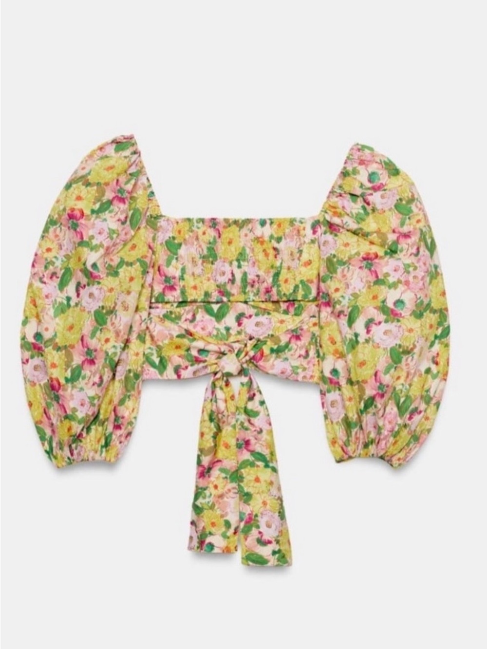Zara Floral Ruched Puff-Sleeve Tie-Front Crop Top - Pink & Yellow & Green